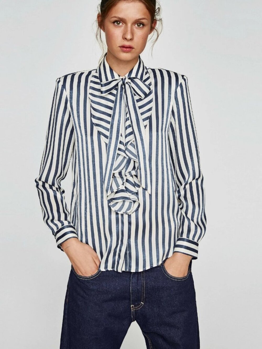 ZARA WOMENS STRIPED SHIRT WITH BOW AND SHOULDER PADS, size XS